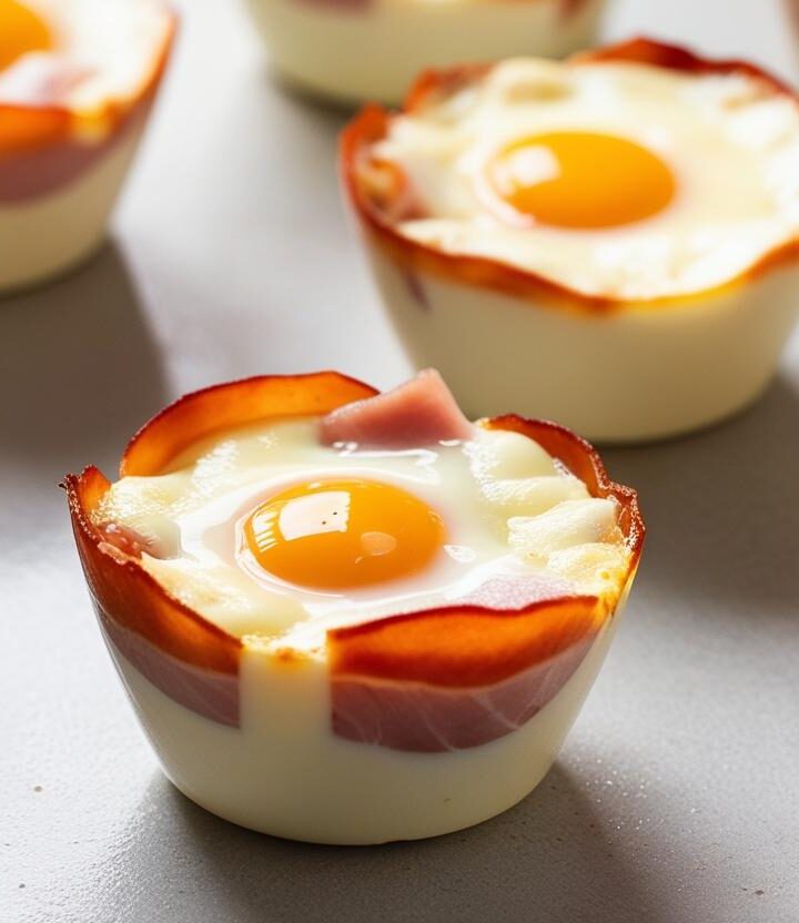 Baked ham and cheese egg cups in a muffin tin, garnished with herbs, ready to serve
