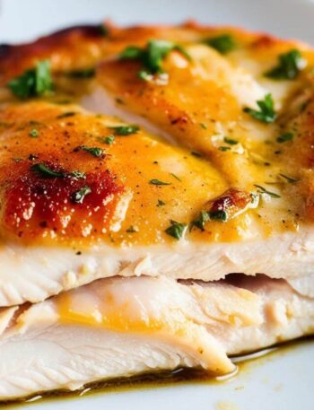 Golden-brown airline chicken breast served on a white plate, drizzled with herb-infused butter and garnished with fresh thyme sprigs.