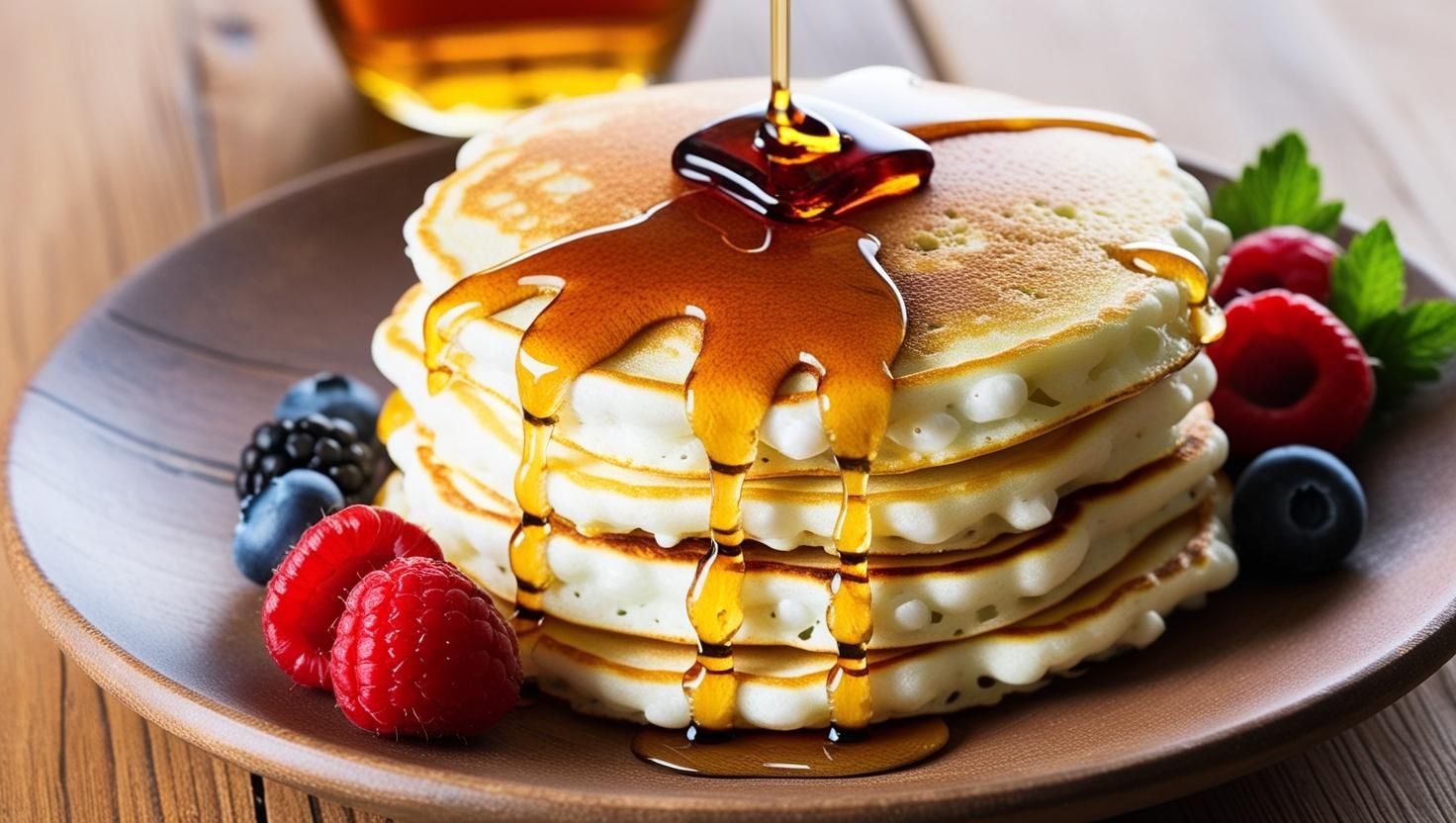 Fluffy cottage cheese pancakes served with fresh fruit and syrup—perfect for a healthy, protein-packed breakfast.
